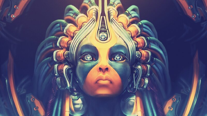 Cyborg Woman with Mechanical Head — Blue, Dramatic, Digital Art