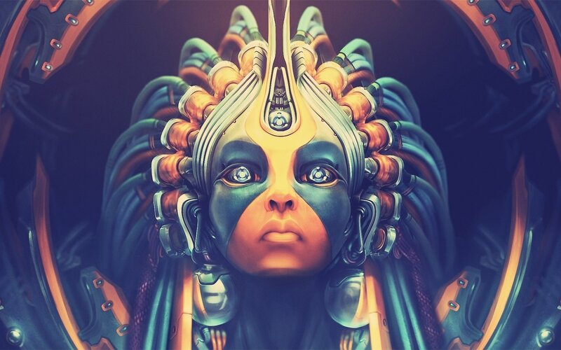 Cyborg Woman with Mechanical Head — Blue