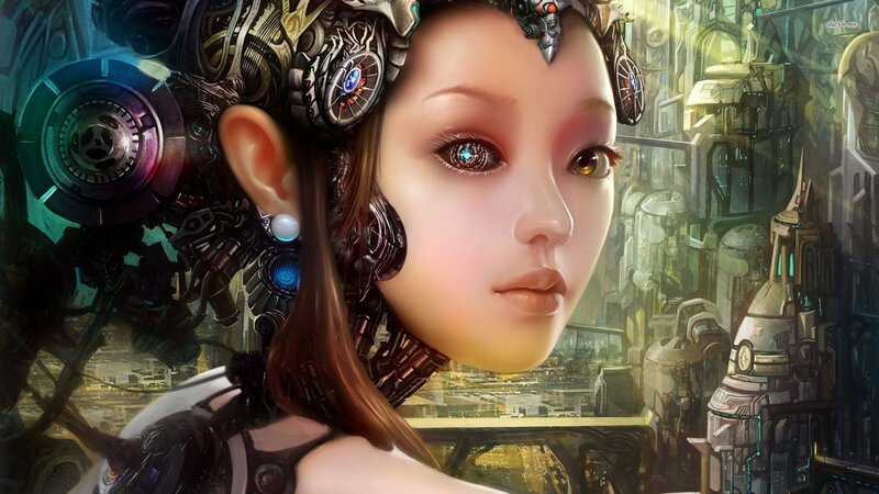 Cyborg Woman with Mechanical Head — Brown, Dramatic, Digital Art