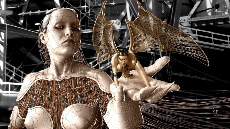 cyborg woman with mechanical wings