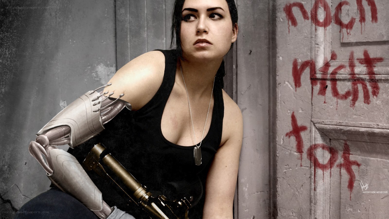 cyborg woman with prosthetic arm