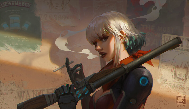 Cyborg Woman with Rifle — Brown, Dramatic