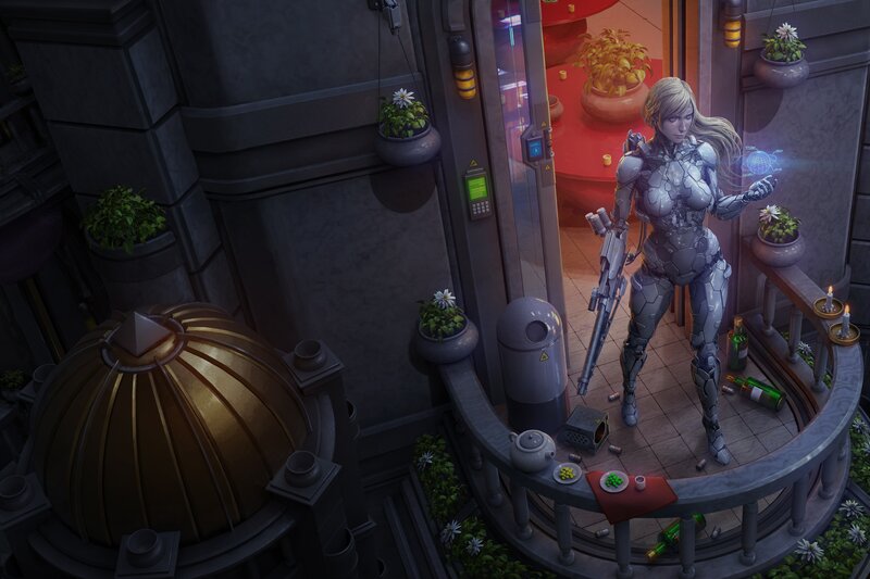 Cyborg Woman with Rifle — Gray