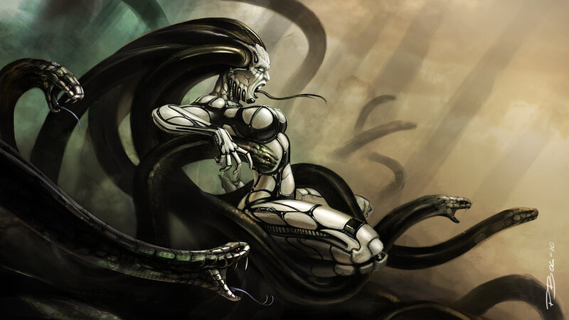 cyborg woman with snakes