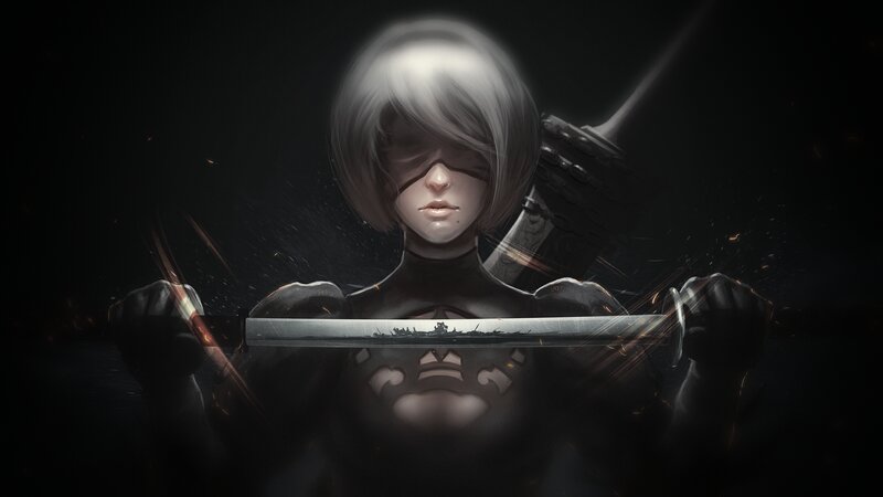 Cyborg Woman with Sword — Black, Dramatic