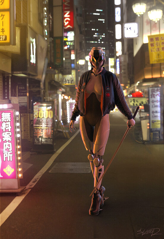 Cyborg Woman with Sword — Black