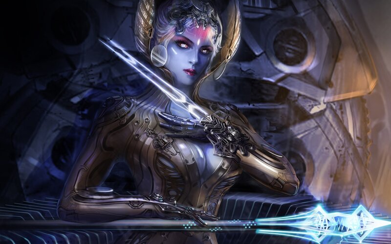 Cyborg Woman with Sword — Blue