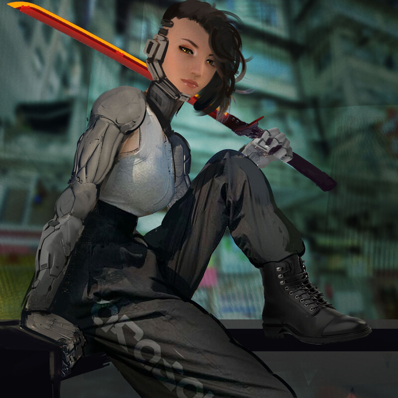 Cyborg Woman with Sword — Gray, Dramatic