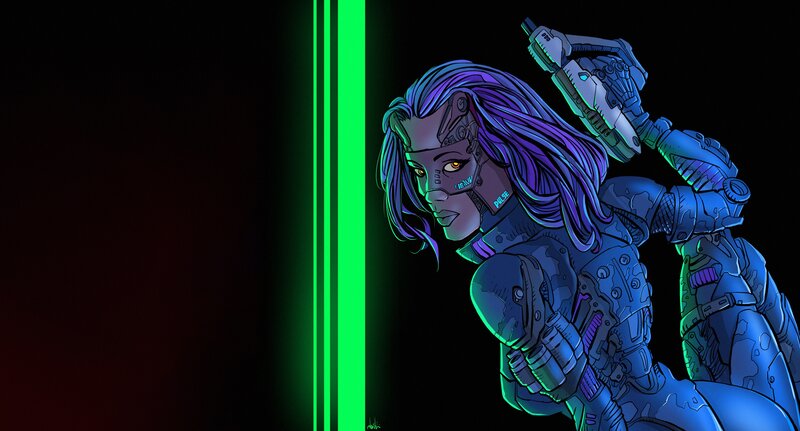 Cyborg Woman with Weapon — Blue, Dramatic