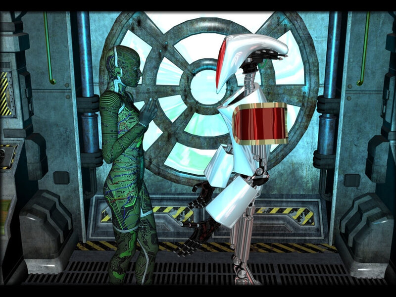 cyborgs in a sci-fi corridor