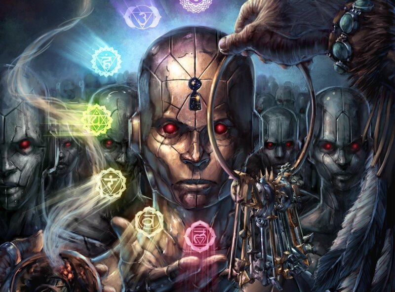 cyborgs with glowing chakras