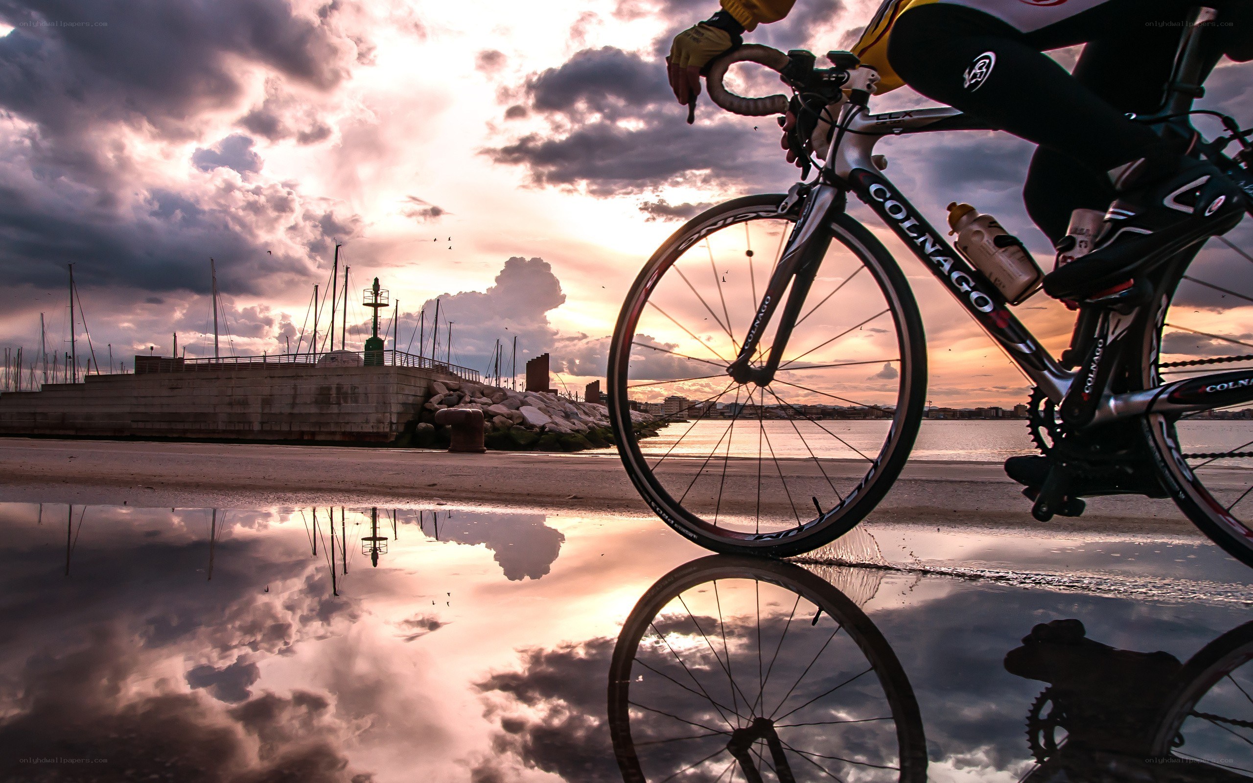 Cyclist at sunset by the harbor