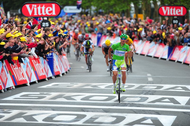 Cyclist crossing finish line