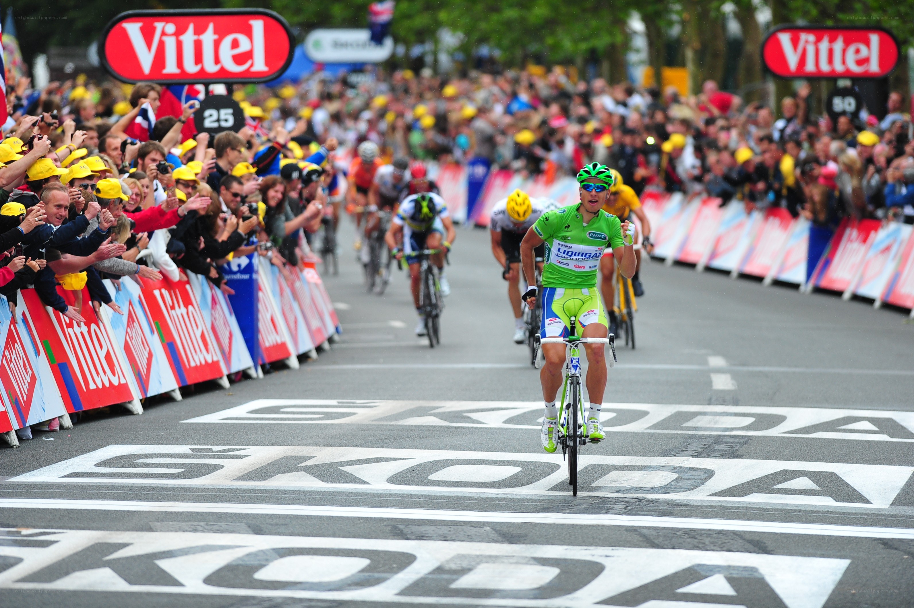 Cyclist crossing finish line