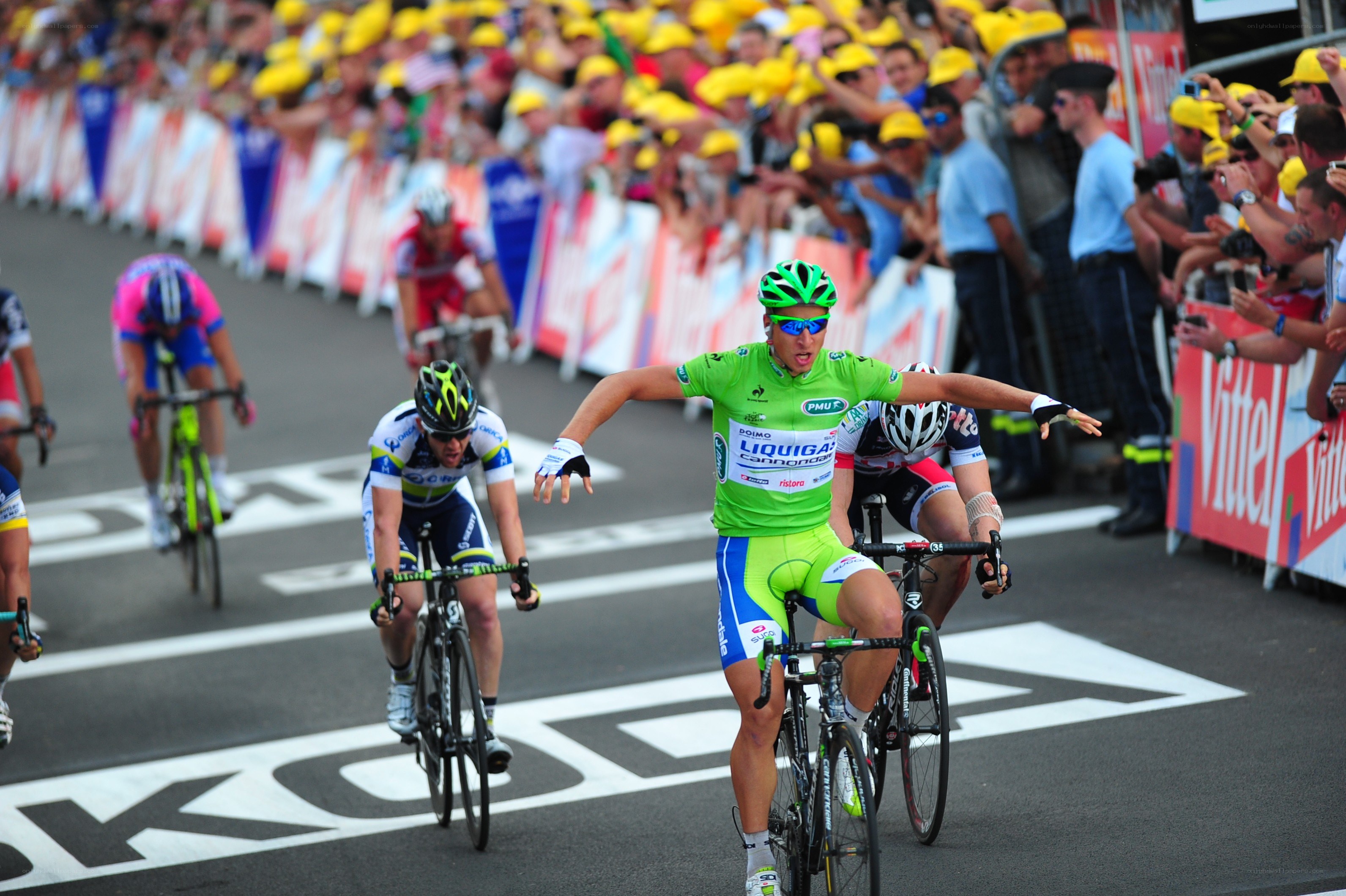 Cyclist crossing finish line