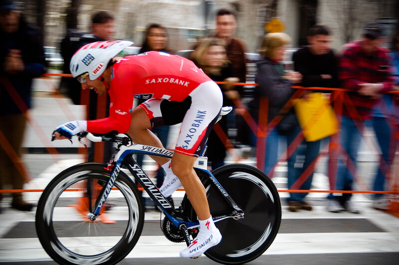 Cyclist in red racing suit