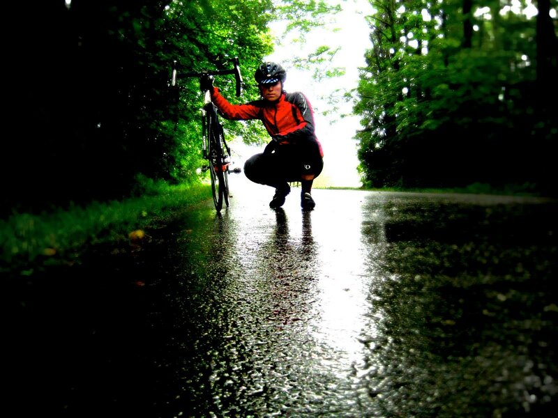 Cyclist on a wet road