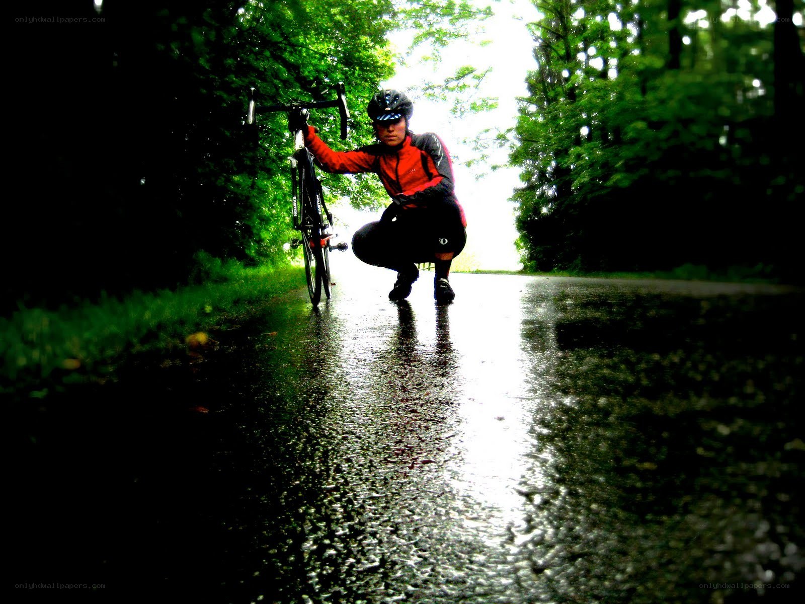 Cyclist on a wet road