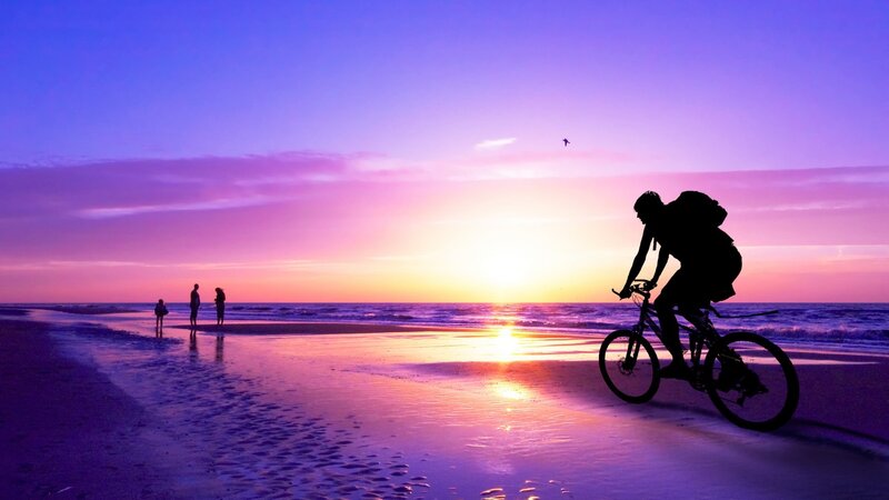 Cyclist on Beach — Purple, Serene