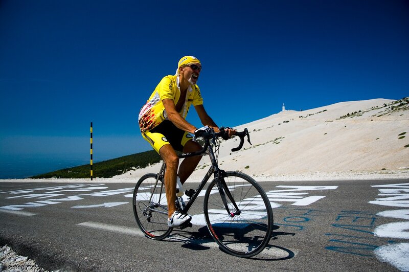 Cyclist on Mountain Road — Blue, Dramatic