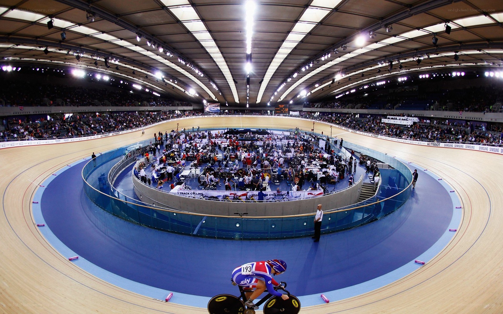 Cyclist on velodrome track