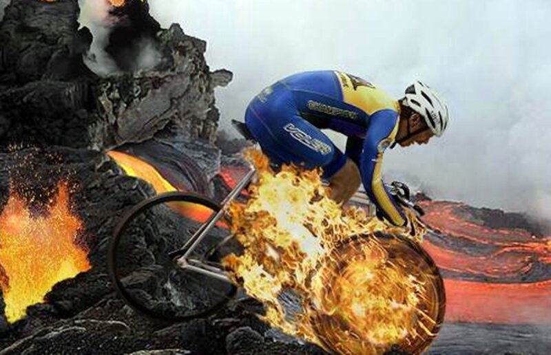 cyclist on volcanic terrain