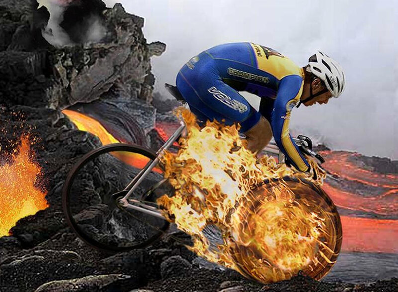 cyclist on volcanic terrain