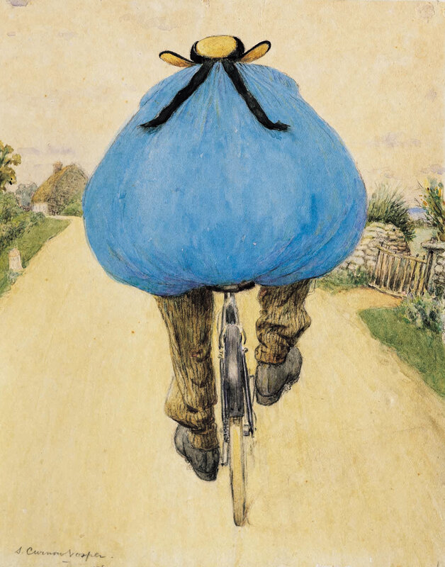 cyclist with large blue bundle