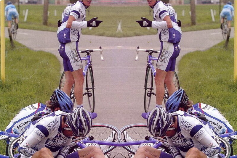 Cyclists in a mirrored scene