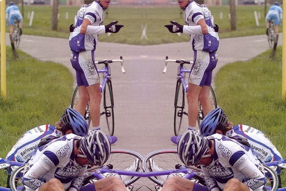 Cyclists in a mirrored scene