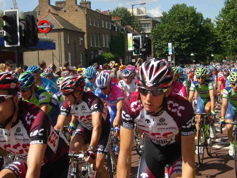 Cyclists in a race on city streets