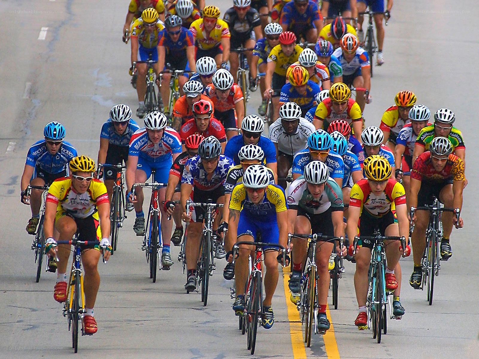 Cyclists racing in a peloton