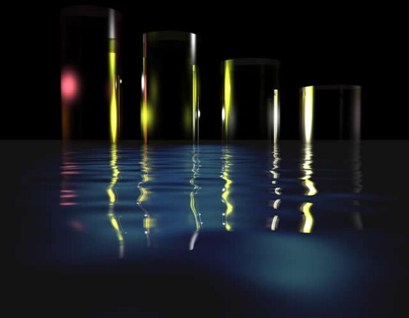 Cylindrical lights reflecting on water