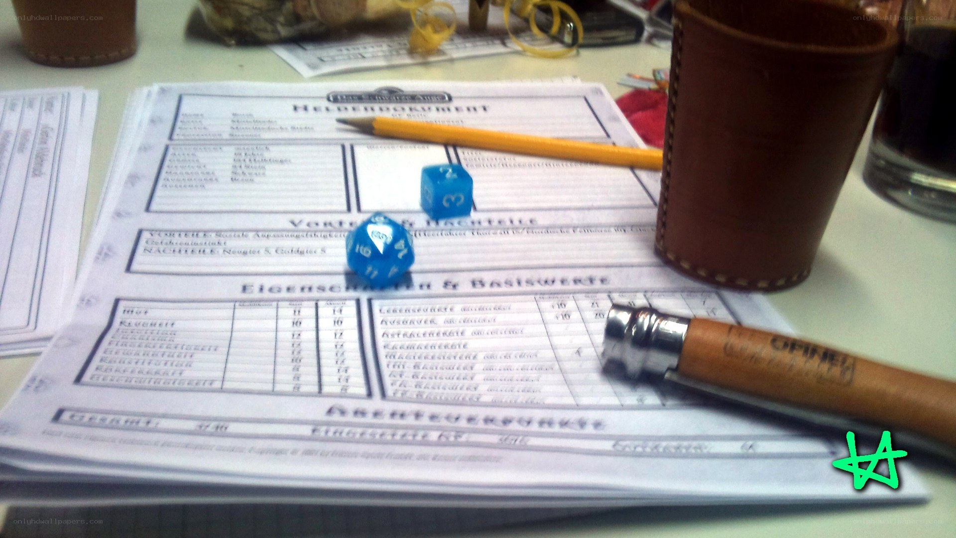 D&D character sheet with dice
