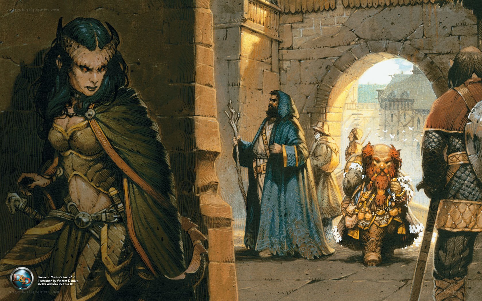 D&D characters in a stone corridor