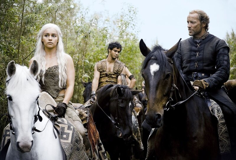 Daenerys and her companions on horseback
