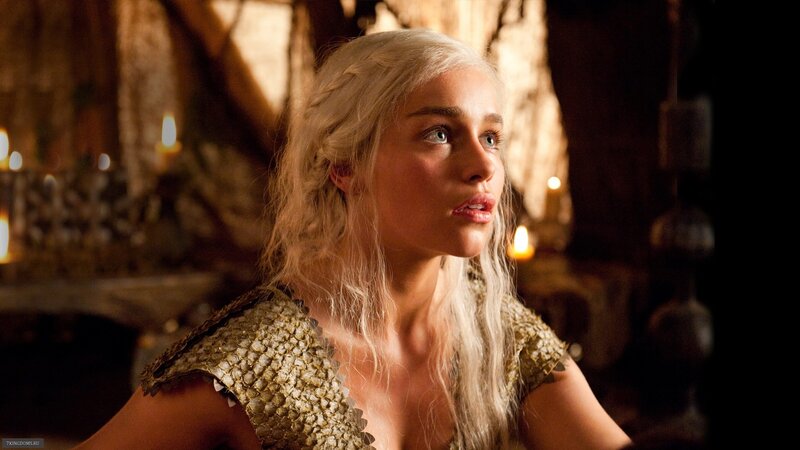 Daenerys Targaryen in a dimly lit room