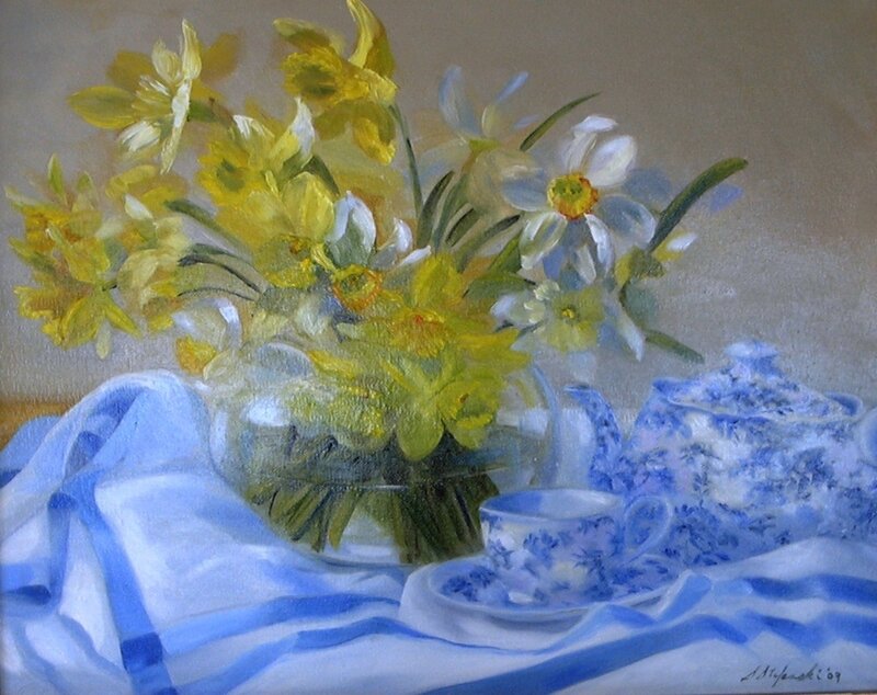 Daffodils and blue china
