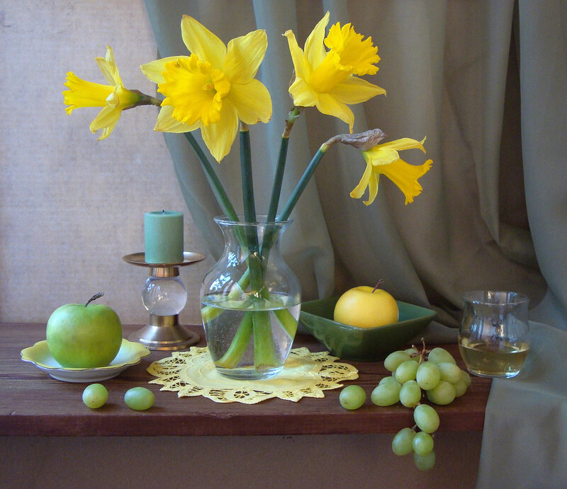 Daffodils and Fruit on Table