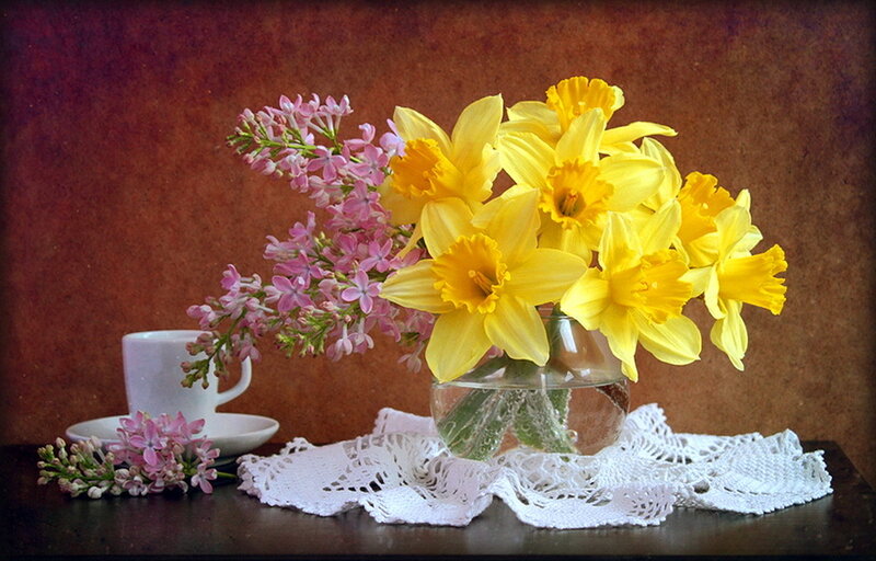 Daffodils and Lilacs in Vase