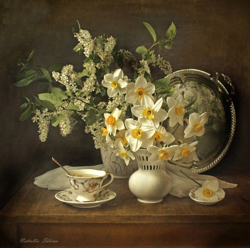 Daffodils and Tea Set — White, Serene