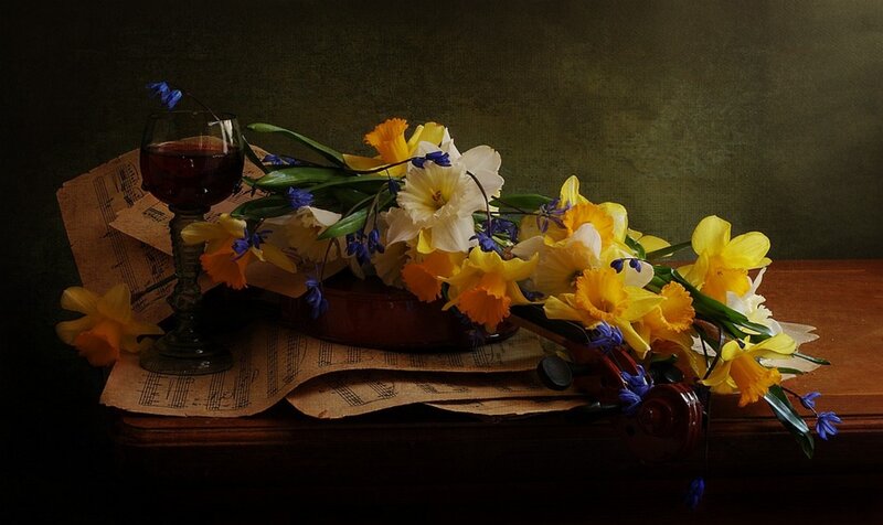 Daffodils and Wine Glass