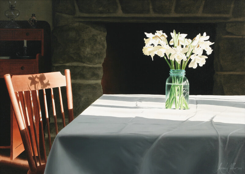 Daffodils by a fireplace