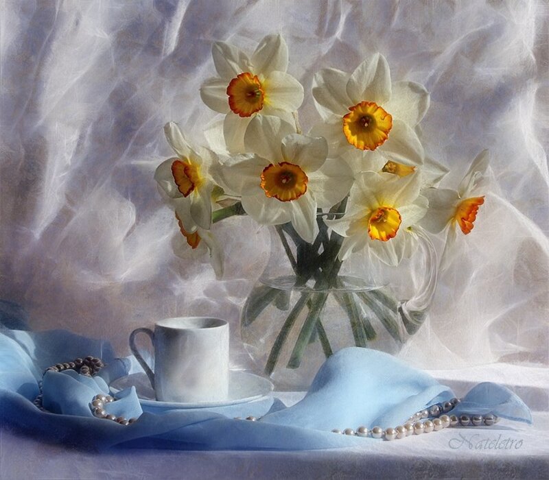 Daffodils in a Vase — White, Serene, Painting
