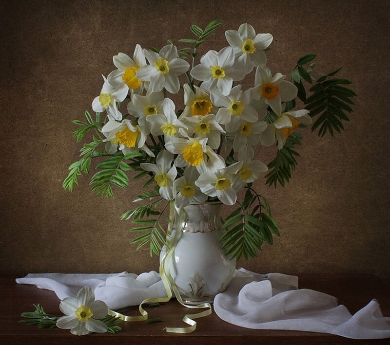 Daffodils in a Vase — White, Serene, Photograph