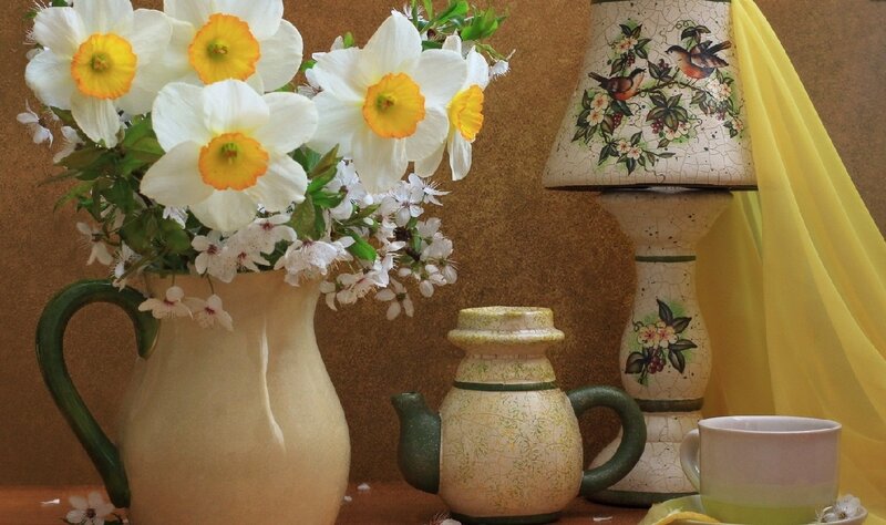Daffodils in a Vase — White, Serene, Spring, Photograph, Teapot