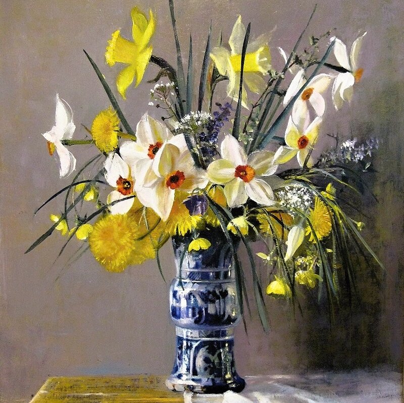 Daffodils in a Vase — Yellow, Calm, Spring, Painting, Table