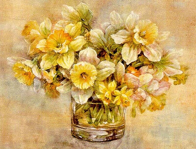 Daffodils in a Vase — Yellow, Calm, Spring, Painting