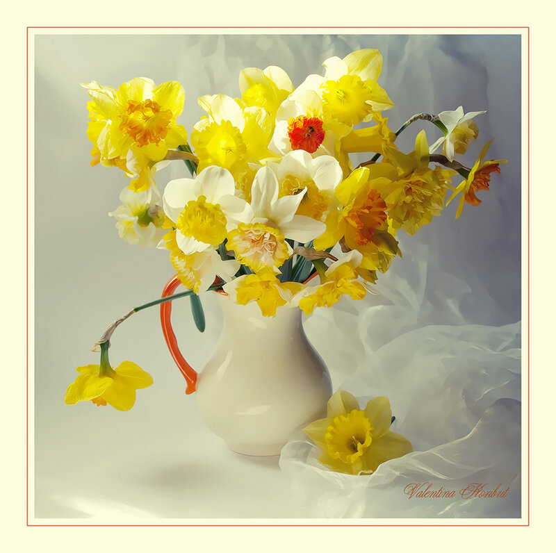 Daffodils in a Vase — Yellow, Serene, Spring, Photograph, Fabric