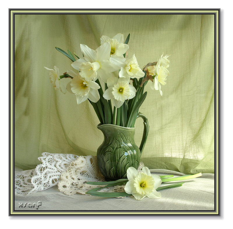 Daffodils in Green Pitcher